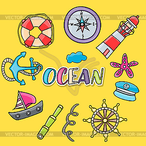 Marine doodle elements, style - vector clip art