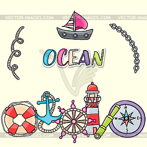 Marine doodle elements, style - vector clipart / vector image