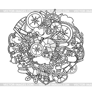 Marine outline doodle elements, lineart style - vector clip art