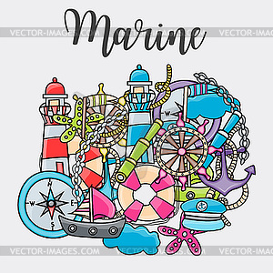 Marine doodle elements, style background - vector image