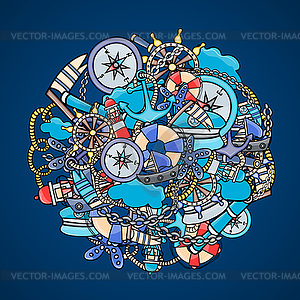 Marine doodle elements, style background - vector clipart