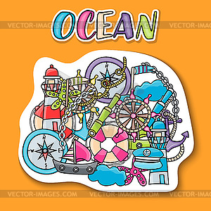 Marine doodle elements, style background - vector image