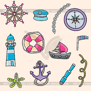 Marine doodle elements, style - vector clipart