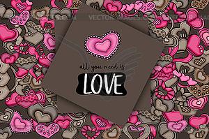 Love hearts doodle cartoon card - vector image