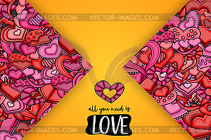 Love hearts doodle cartoon card - vector image