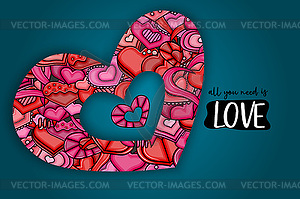 Love hearts doodle cartoon card - vector clipart