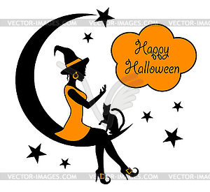 Witch and a cat sitting on a crescent moon - vector image