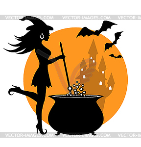 Beautiful witch and cauldron - vector image