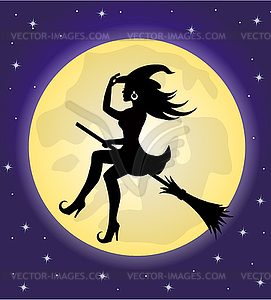 Witch on a broomstick on the background of the moon - vector clipart