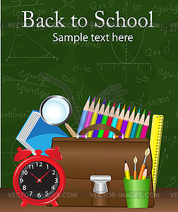 School supplies on the background of the school board - vector image