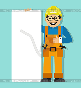 Worker in helmet holding a blank poster - vector image