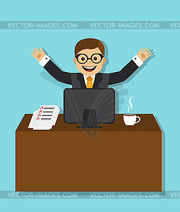 Joyful businessman sitting behind a desk - royalty-free vector image