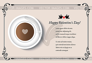 Card with cup of coffee on Valentine's Day - color vector clipart