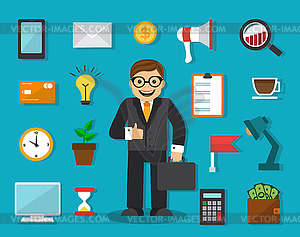 Businessman and things for work - vector clip art