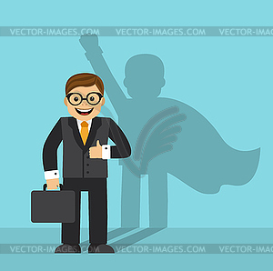 Businessman and the shadow of a superhero - vector clipart