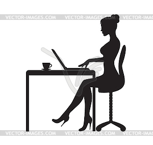 The woman is sitting at the computer - vector clipart