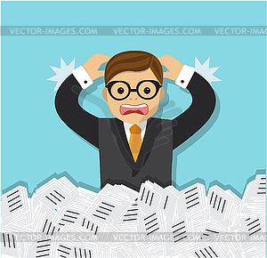 Businessman tired and a bunch of paper documents - vector clipart