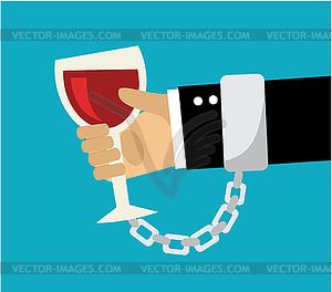 Wineglass chained to hand - color vector clipart