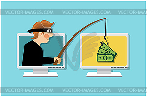 Thief steals money through a computer - vector clipart