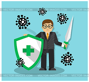 A man with a shield and sword fights the virus - vector clip art