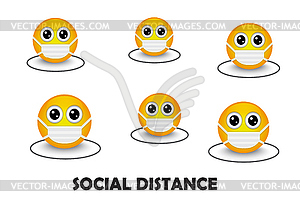 Masked yellow emoticons keep social distance due to vir - vector image