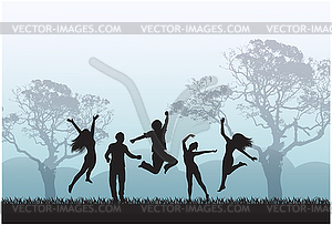Joyful people are jumping in the meadow - vector image
