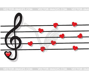 Stave with heart notes and treble clef  - vector image