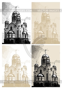 Background with church at engraving style - vector clipart / vector image