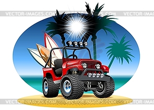 Cartoon 4x4 car on beach - vector clipart