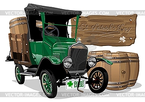 Saint Patrick`s vintage cartoon beer truck - vector image