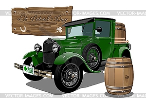 Saint Patrick`s vintage cartoon beer truck - vector clip art