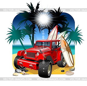 Cartoon 4x4 car on beach - vector clipart