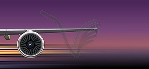 Airliner wing with turbine on dark background - vector clipart