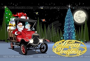 Christmas card with cartoon retro Christmas truck - vector image