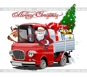 Christmas card with cartoon retro Christmas truck - vector image