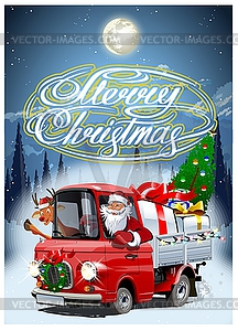 Christmas card with cartoon retro Christmas truck - vector EPS clipart