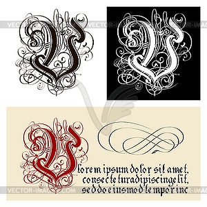 Decorative Gothic Letter V. Uncial Fraktur - vector clip art