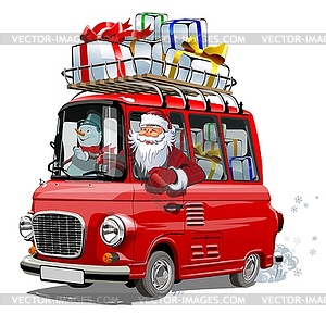 Christmas card with cartoon retro Christmas van - vector image
