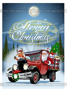 Christmas card with cartoon retro Christmas truck - vector clipart