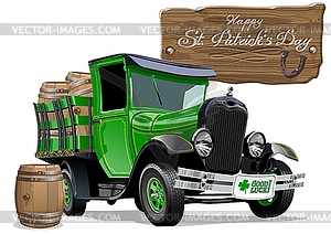 Винтажный мультяшный пивной грузовик Святого Патрика - стоковый клипарт