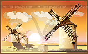 Windmills at sunset - vector image