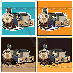 Headphones and amplifier set - vector image