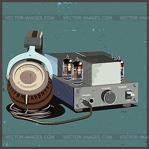 Retro headphones and amplifier - vector EPS clipart