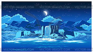 Picturesque waterfall at night - vector clip art