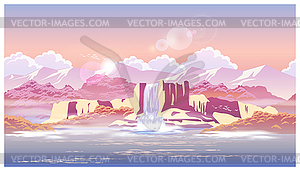 Sunrise over beautiful waterfall - vector clipart