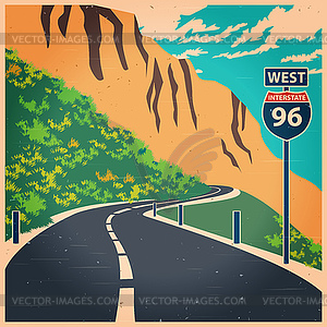 Winding mountain road old poster - vector image