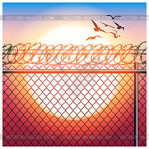 Забор с колючей проволокой и птиц - иллюстрация в векторном формате