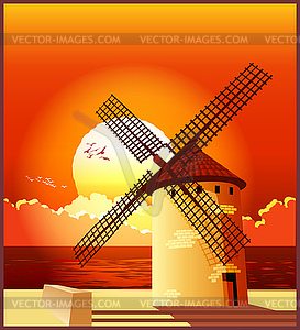 Windmill at sunset - vector image