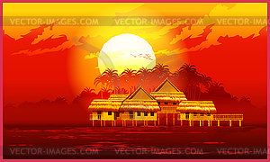 Village at sunset - vector clipart