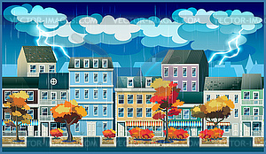 Rainy day in old town - color vector clipart